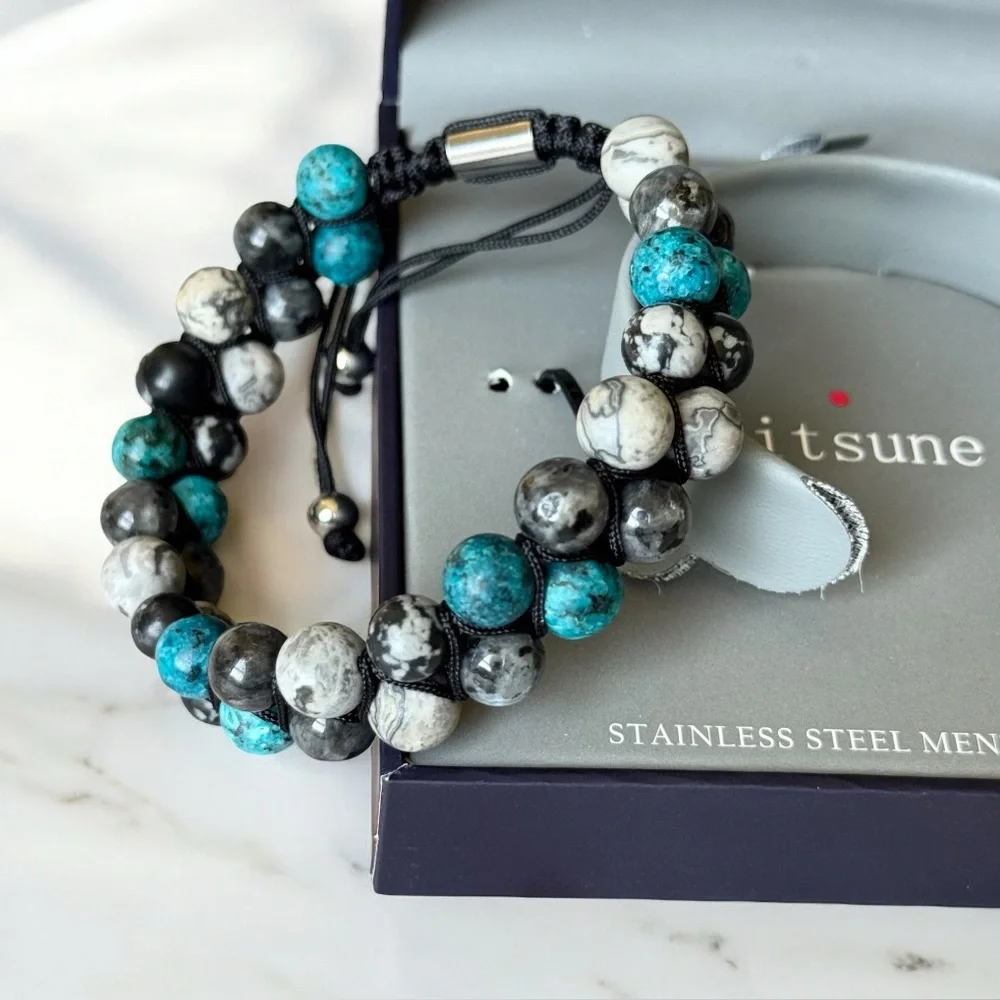 Maison Kitsune Bracelet Black Stainless Steel Stone Beads Boho Men's Jewelry